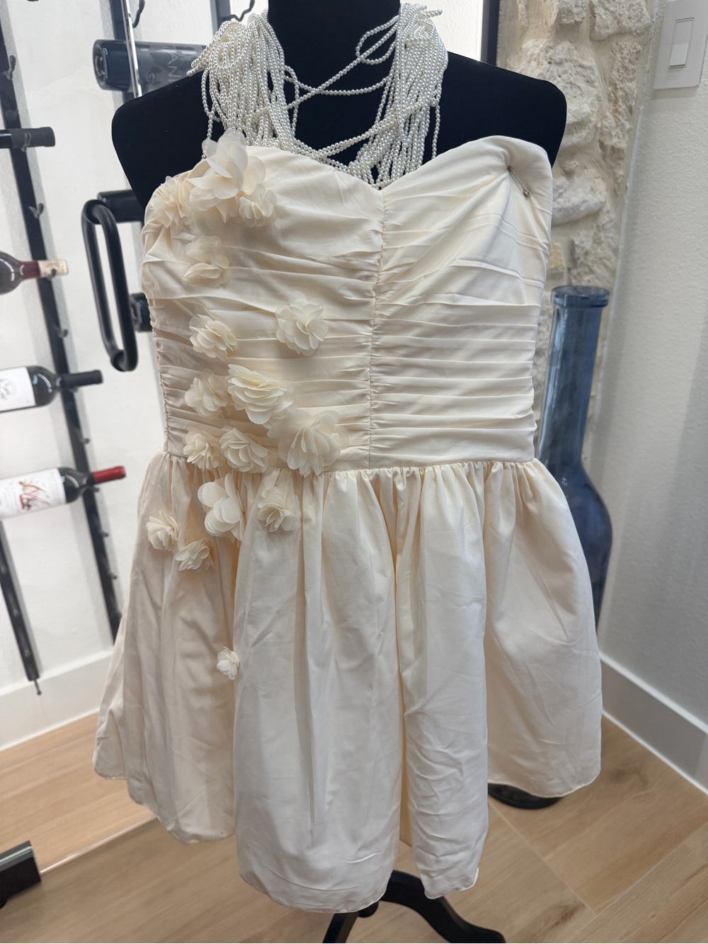 Ivory Floral Strapless Party Dress w Flowers - Size M